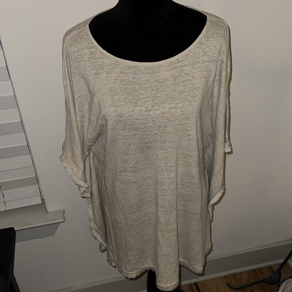 J. Jill natural 100% Linen short sleeve relaxed poncho style fringed top Sz XL - Picture 2 of 8